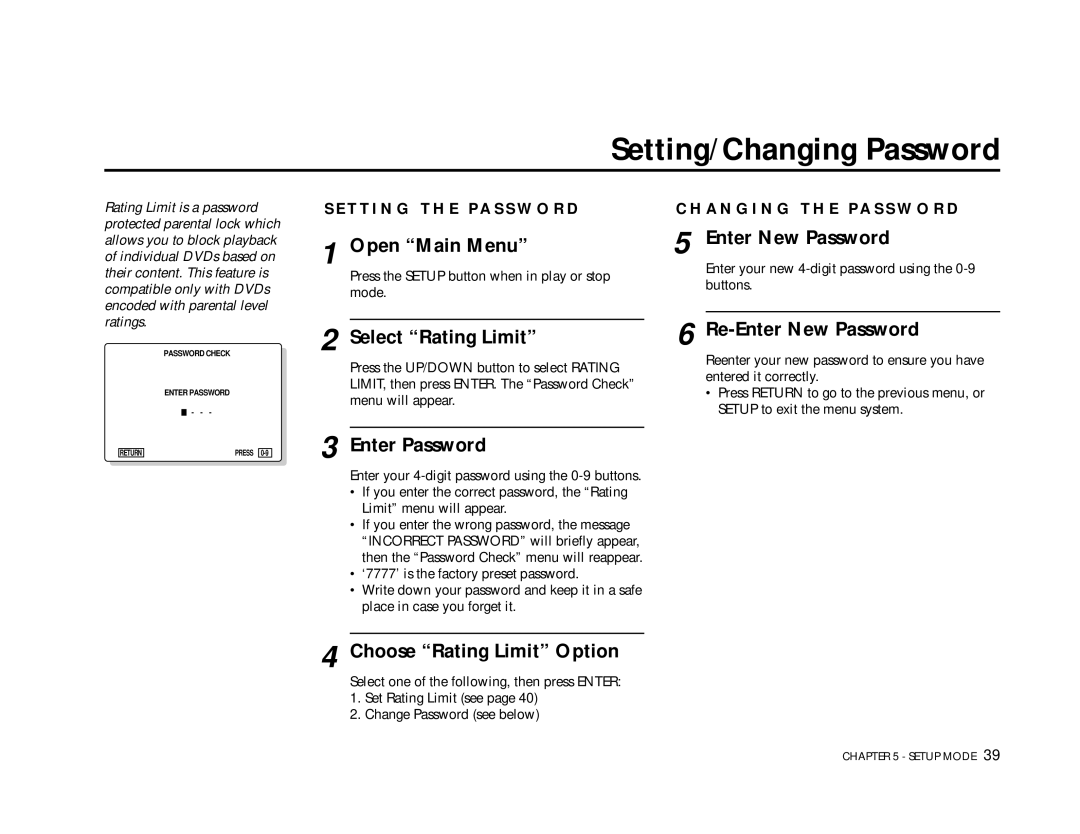 Go-Video DVS3100, 3000 manual Setting/Changing Password 