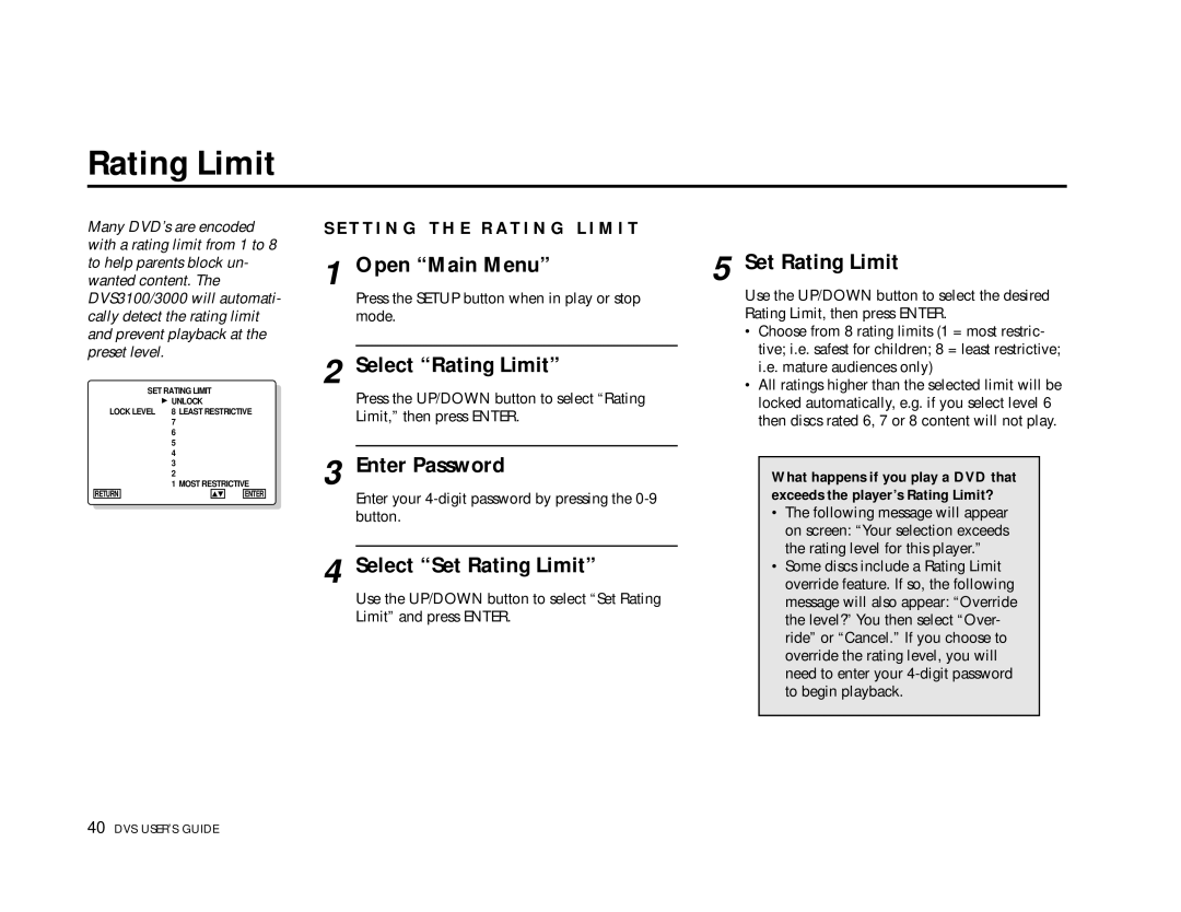 Go-Video 3000, DVS3100 manual Select Set Rating Limit 