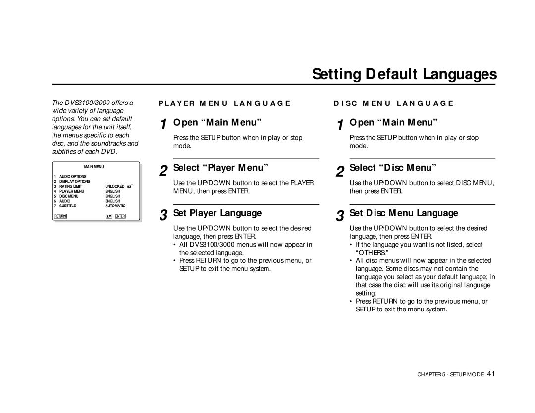 Go-Video DVS3100, 3000 manual Setting Default Languages, Select Player Menu, Set Player Language, Select Disc Menu 