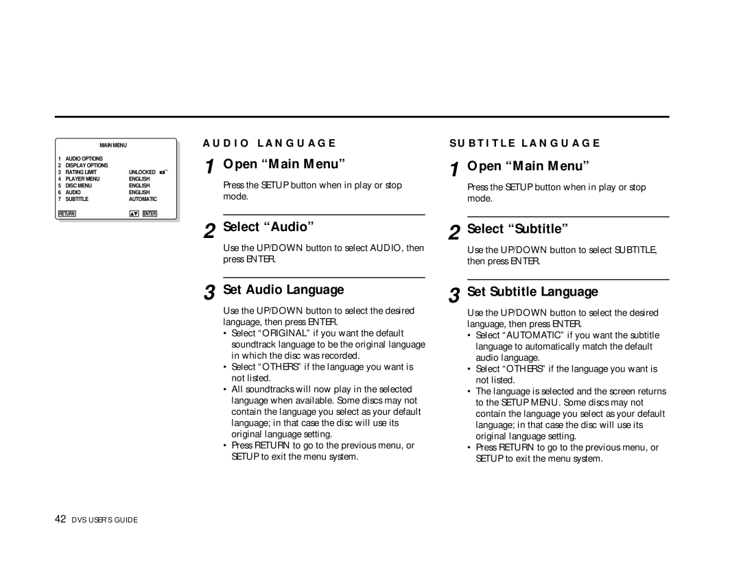 Go-Video 3000, DVS3100 manual Select Audio Select Subtitle, Set Audio Language Set Subtitle Language 