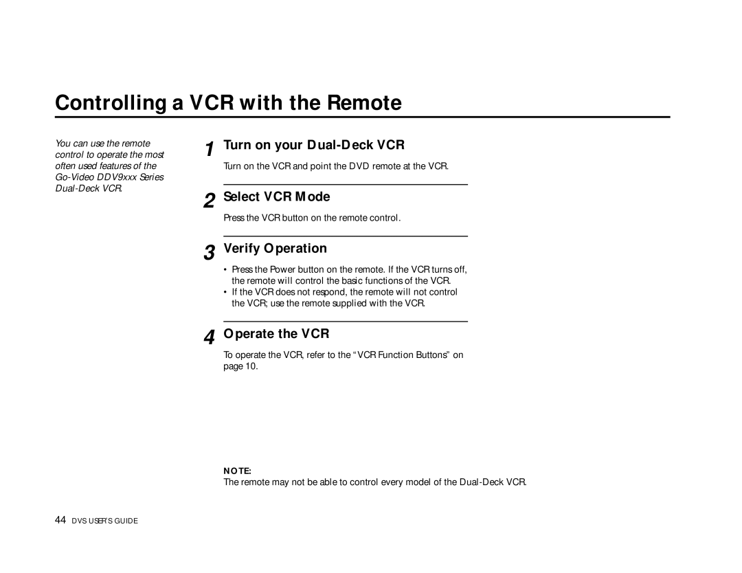 Go-Video 3000, DVS3100 Controlling a VCR with the Remote, Turn on your Dual-Deck VCR, Select VCR Mode, Verify Operation 