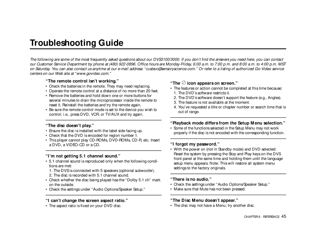 Go-Video DVS3100, 3000 manual Troubleshooting Guide 