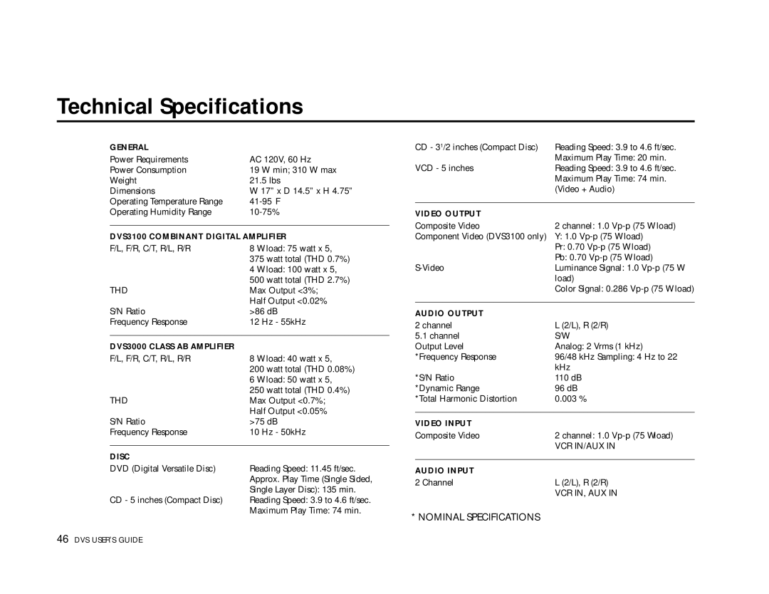 Go-Video 3000, DVS3100 manual Technical Specifications, General 