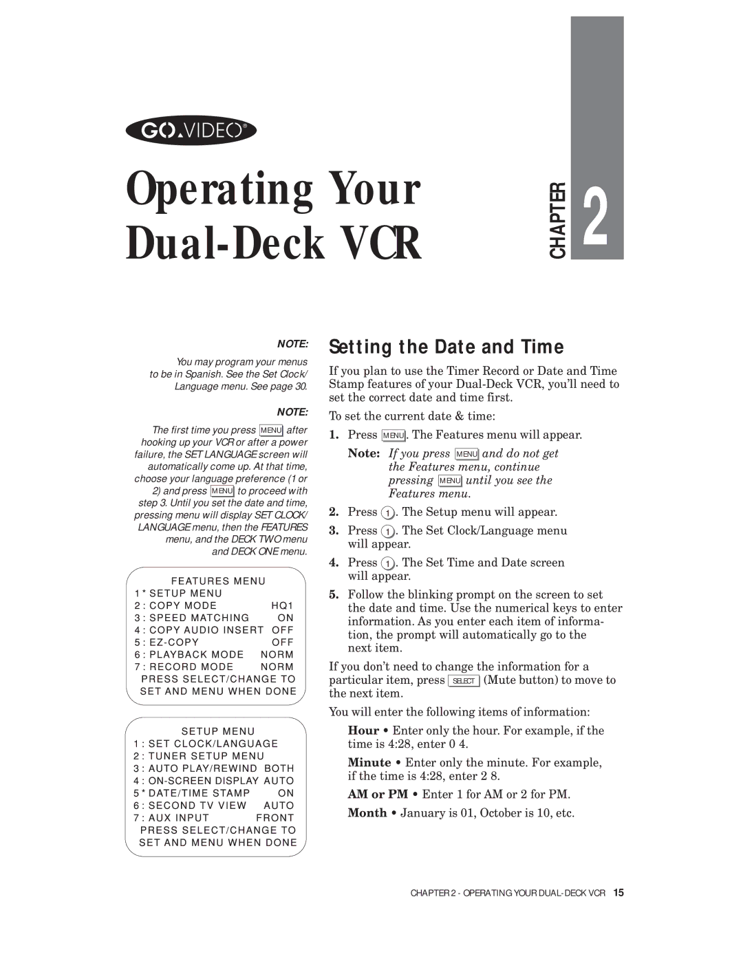 Go-Video VHS-VHS, 4-Head Hi-Fi manual Operating Your Dual-Deck VCR, Setting the Date and Time 