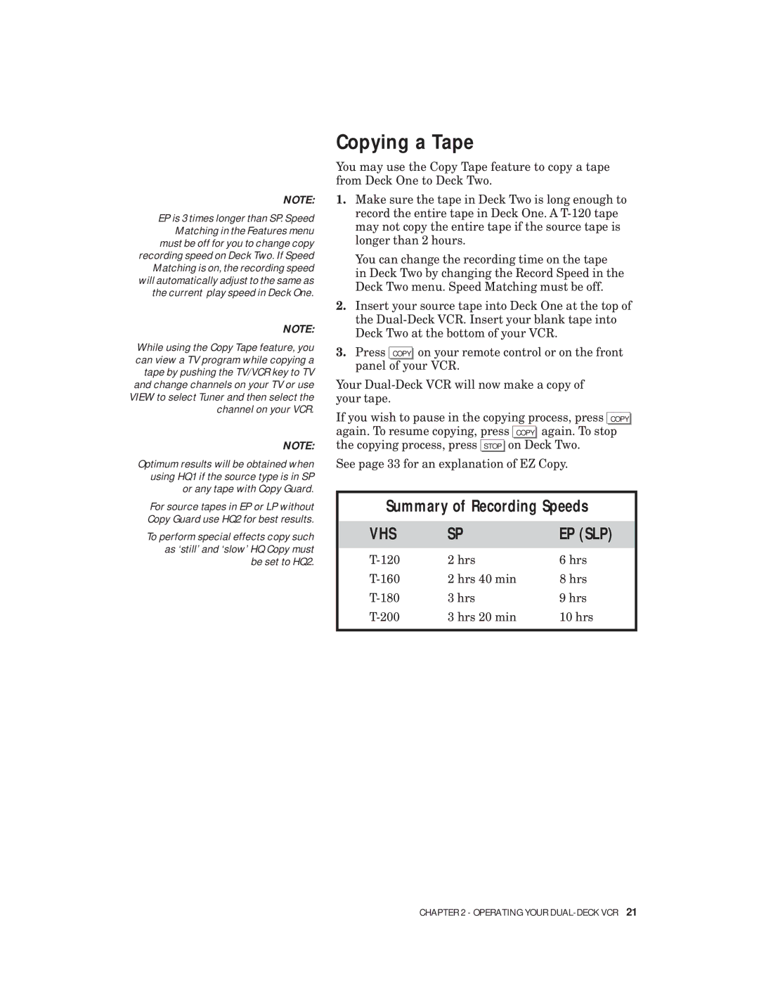 Go-Video VHS-VHS, 4-Head Hi-Fi manual Copying a Tape, Summary of Recording Speeds 