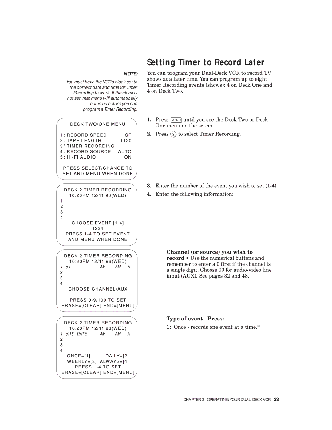 Go-Video VHS-VHS, 4-Head Hi-Fi manual Setting Timer to Record Later, Type of event Press 