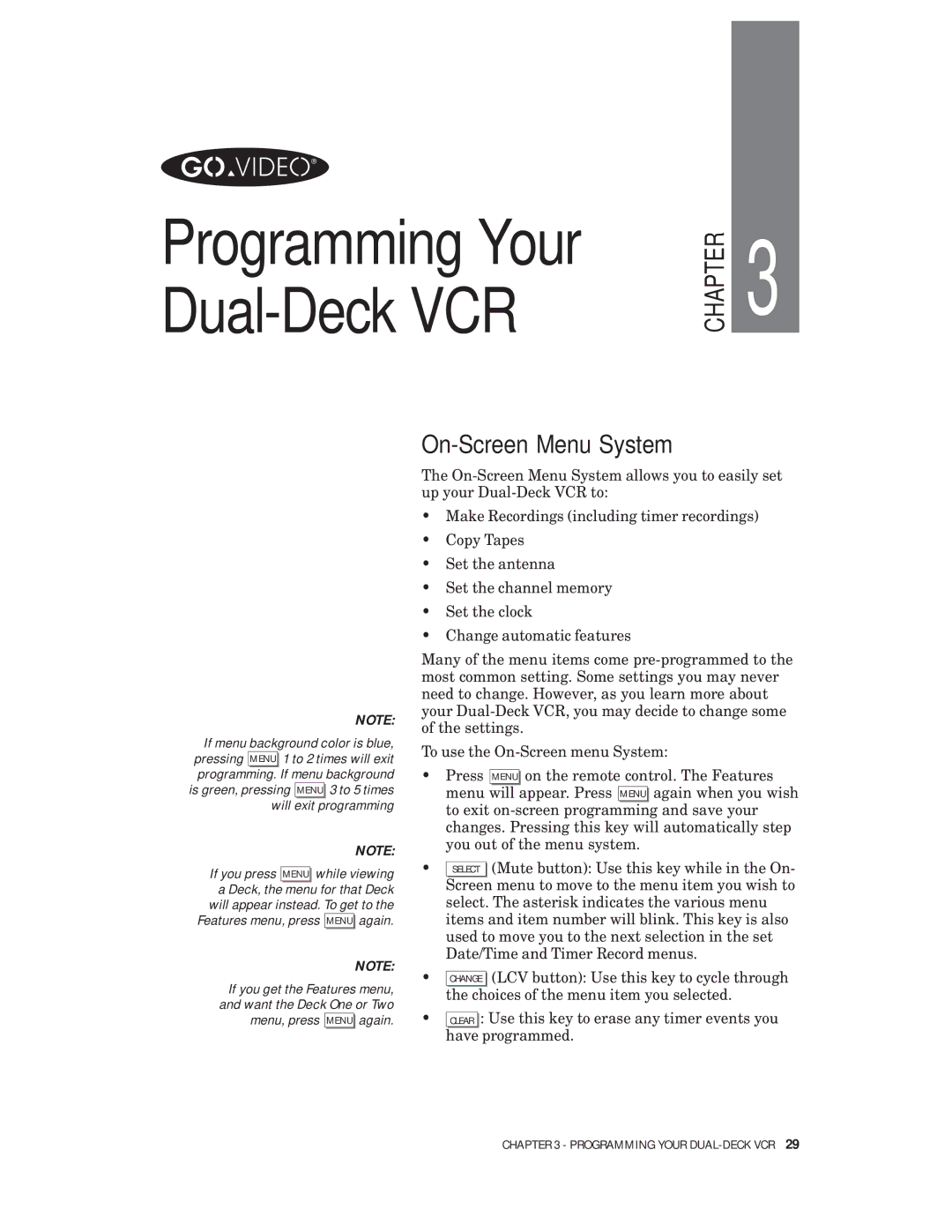 Go-Video VHS-VHS, 4-Head Hi-Fi manual Programming Your Dual-Deck VCR, On-Screen Menu System 