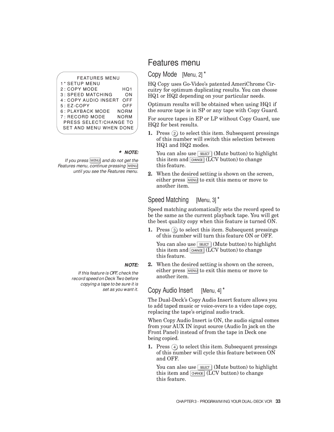 Go-Video VHS-VHS, 4-Head Hi-Fi manual Features menu, Copy Mode Menu, Speed Matching Menu, Copy Audio Insert Menu 