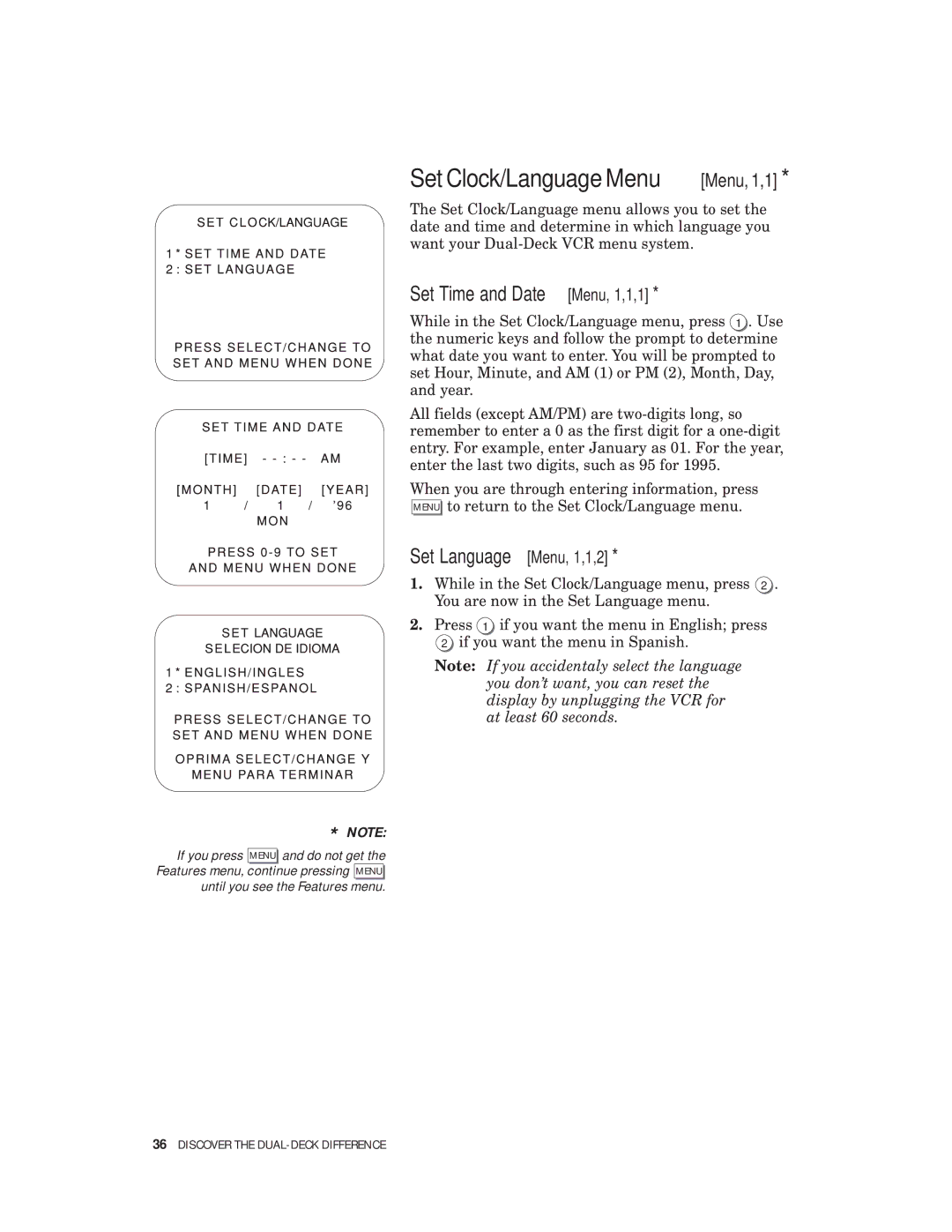 Go-Video 4-Head Hi-Fi, VHS-VHS Set Clock/Language Menu Menu, 1,1, Set Time and Date Menu, 1,1,1, Set Language Menu, 1,1,2 