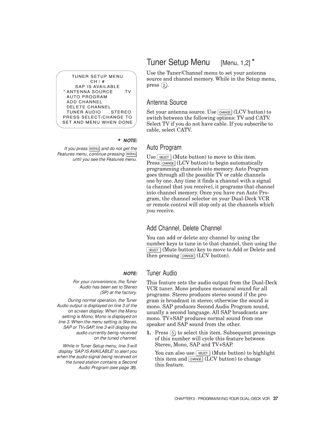 Go-Video VHS-VHS manual Tuner Setup Menu Menu, 1,2, Antenna Source, Auto Program, Add Channel, Delete Channel, Tuner Audio 