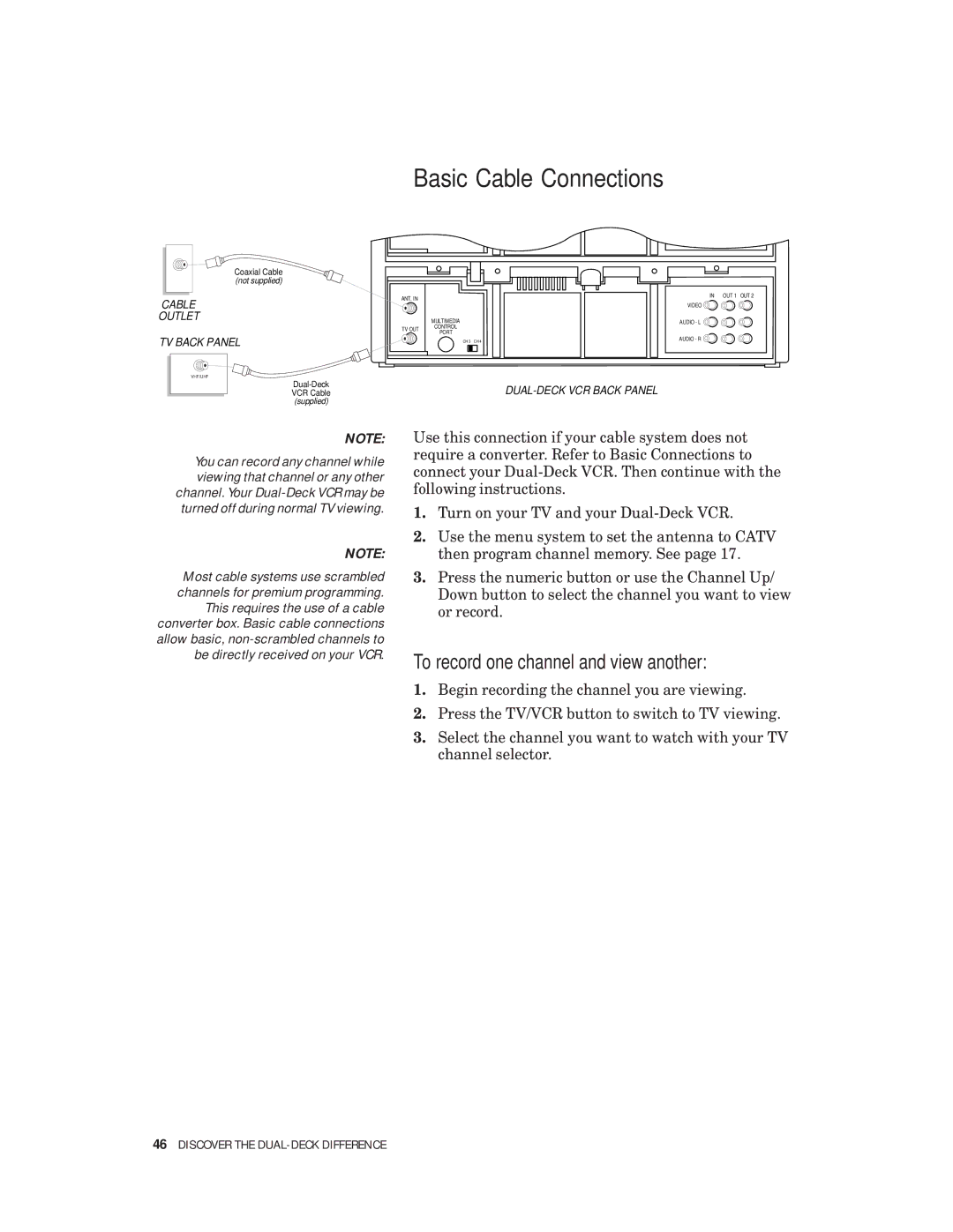 Go-Video 4-Head Hi-Fi, VHS-VHS manual Basic Cab l e Connections, To record one channel and view another 