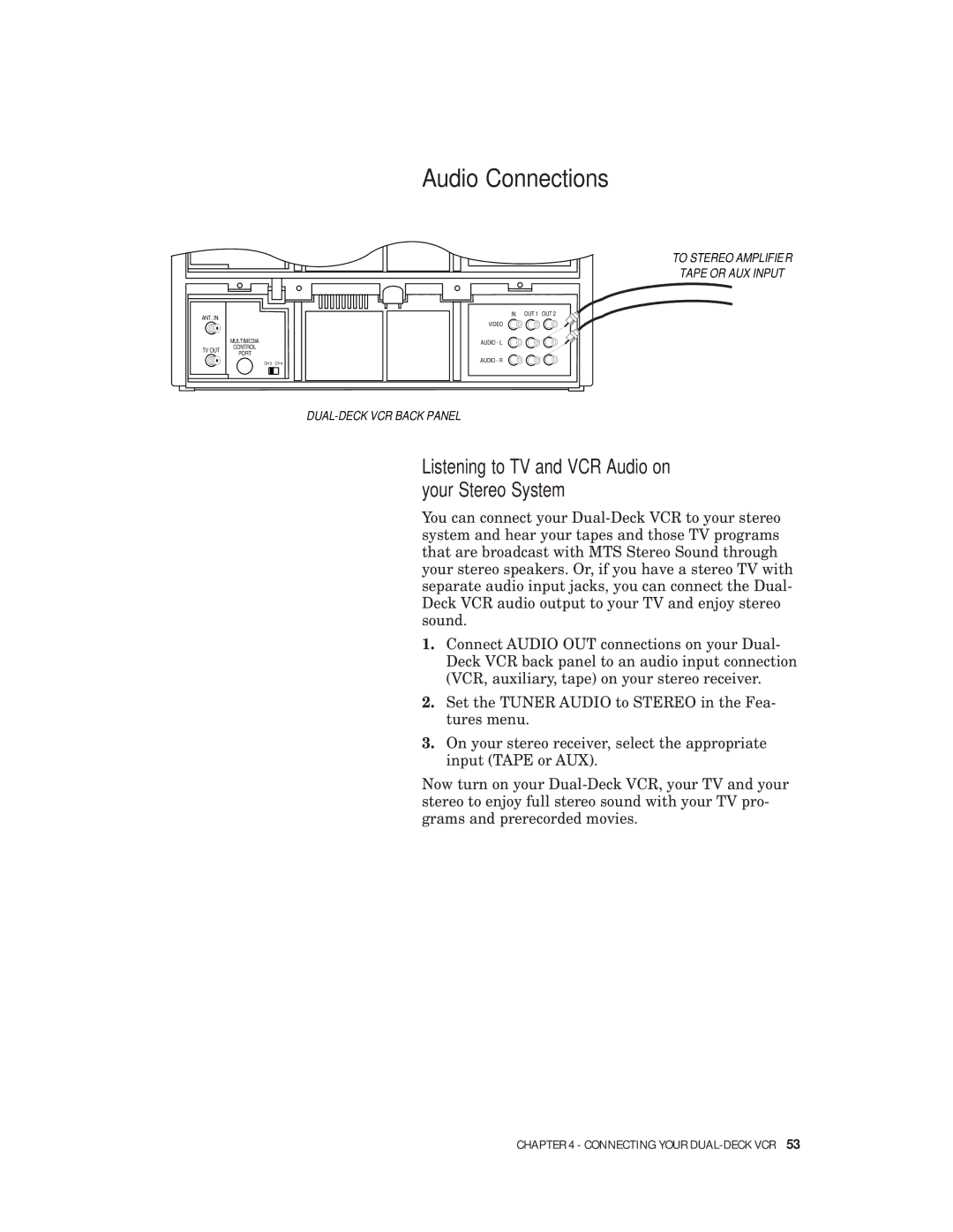 Go-Video VHS-VHS, 4-Head Hi-Fi manual Audio Connections, Listening to TV and VCR Audio on your Stereo System 