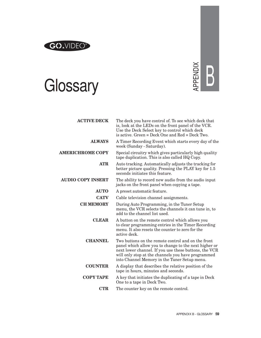 Go-Video VHS-VHS, 4-Head Hi-Fi manual Glossary 