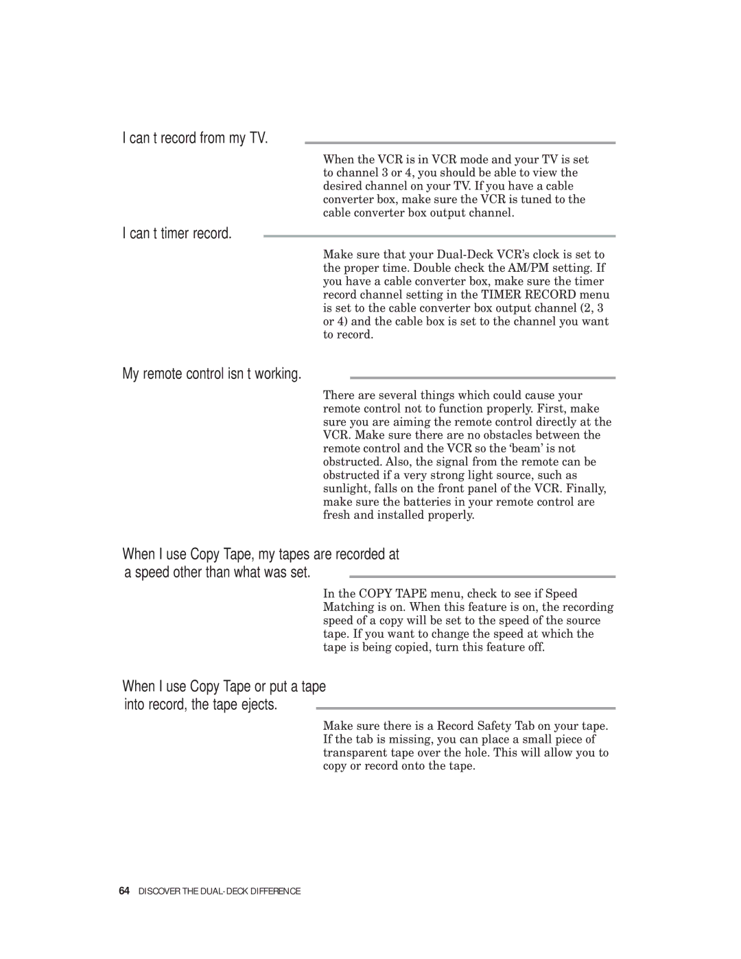 Go-Video 4-Head Hi-Fi, VHS-VHS manual Can’t record from my TV, Can’t timer record, My remote control isn’t working 