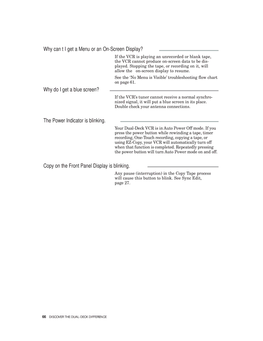 Go-Video 4-Head Hi-Fi, VHS-VHS manual Why can’t I get a Menu or an On-Screen Display?, Why do I get a blue screen? 