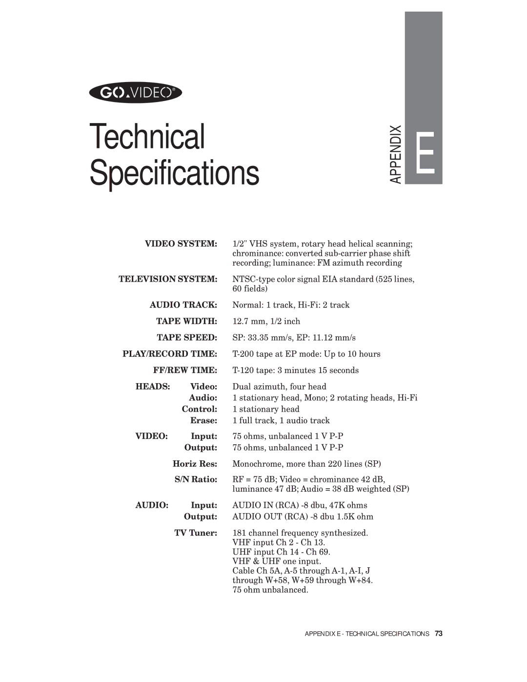 Go-Video VHS-VHS, 4-Head Hi-Fi manual Technical Specifications 