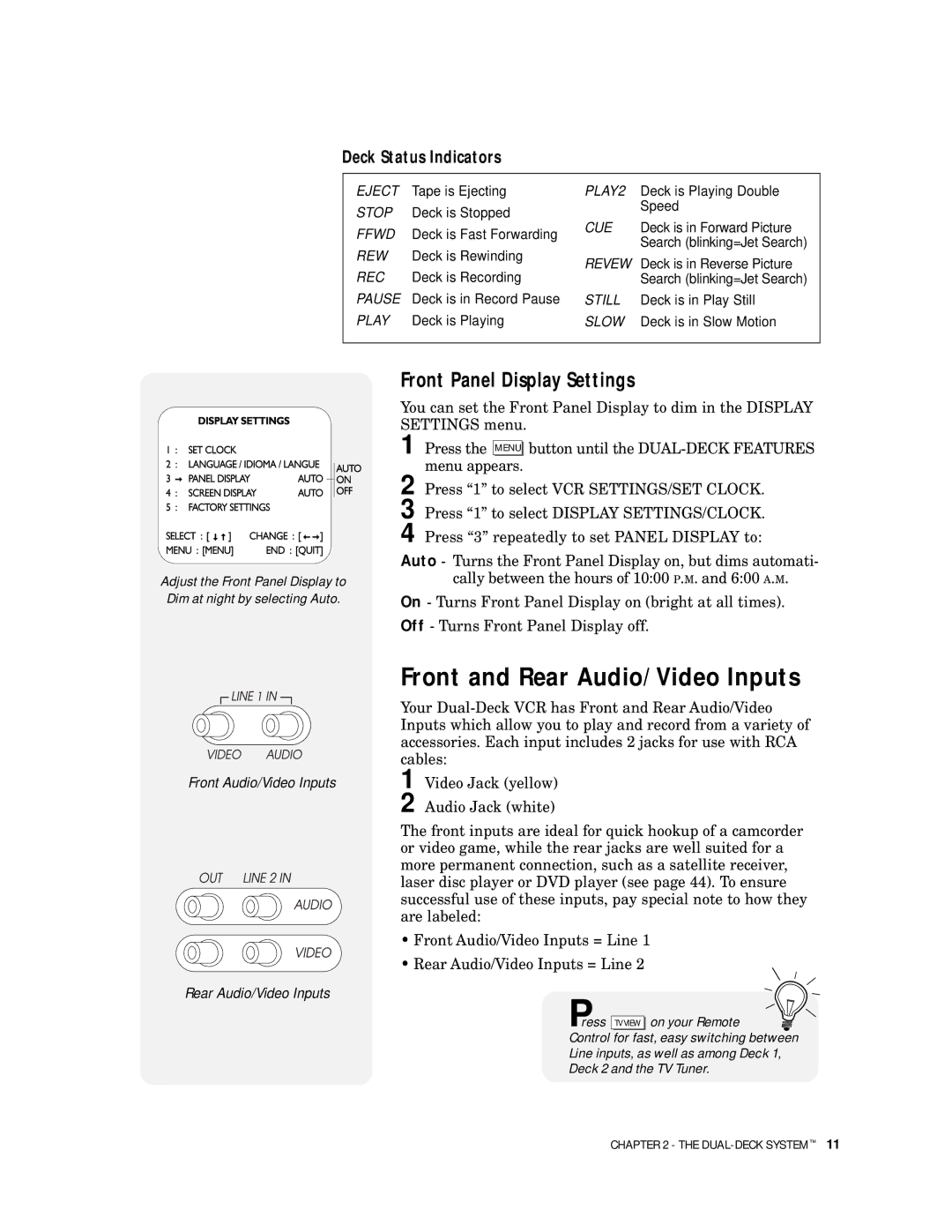 Go-Video 9100 manual Front and Rear Audio/Video Inputs, Front Panel Display Settings 