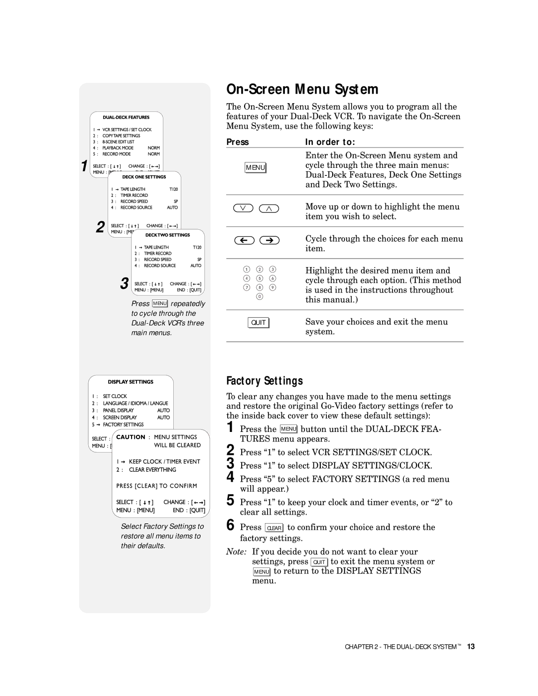 Go-Video 9100 manual On-Screen Menu System, Factory Settings, Press Order to 