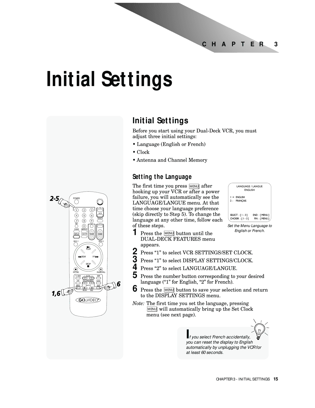 Go-Video 9100 manual Initial Settings, Setting the Language 