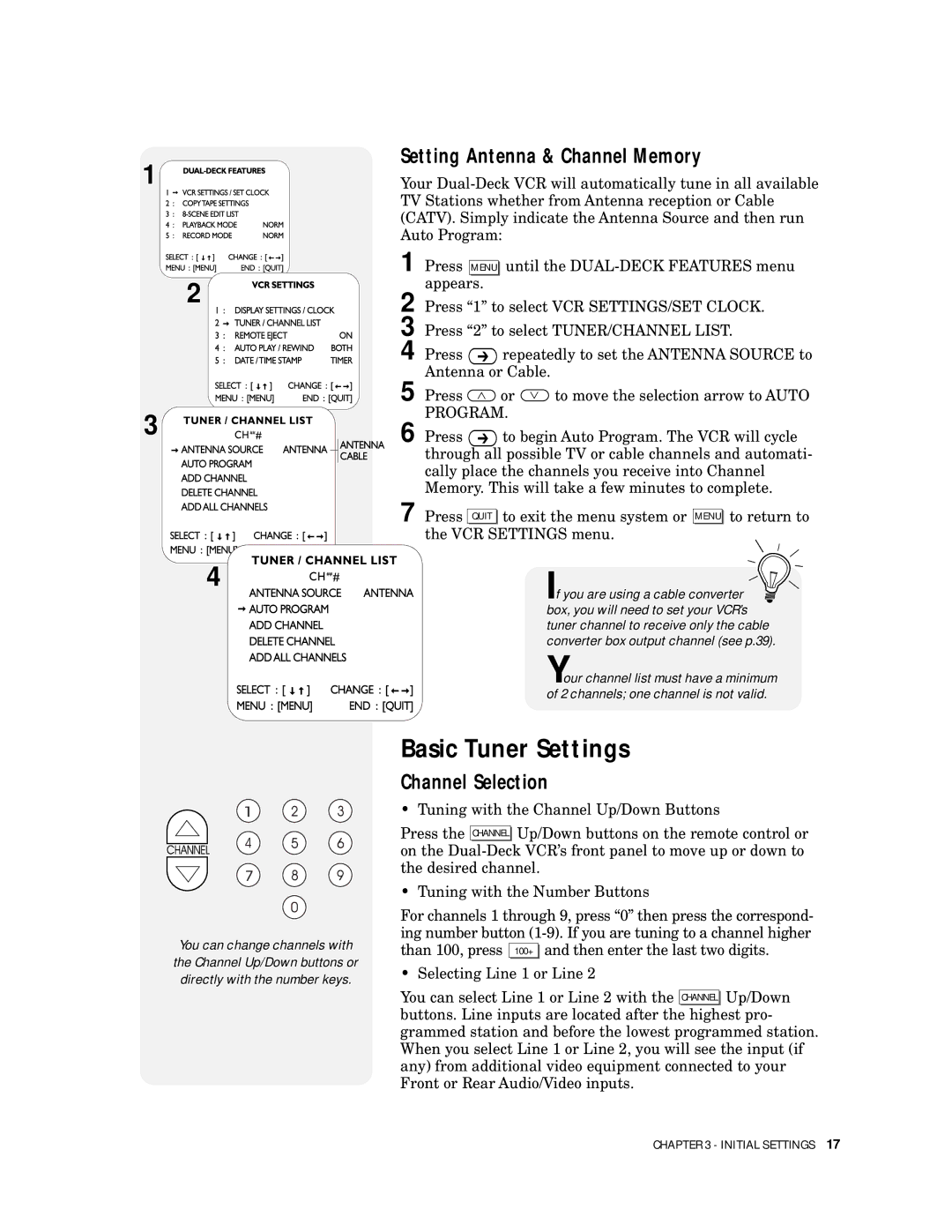 Go-Video 9100 manual Basic Tuner Settings, Setting Antenna & Channel Memory, Channel Selection 