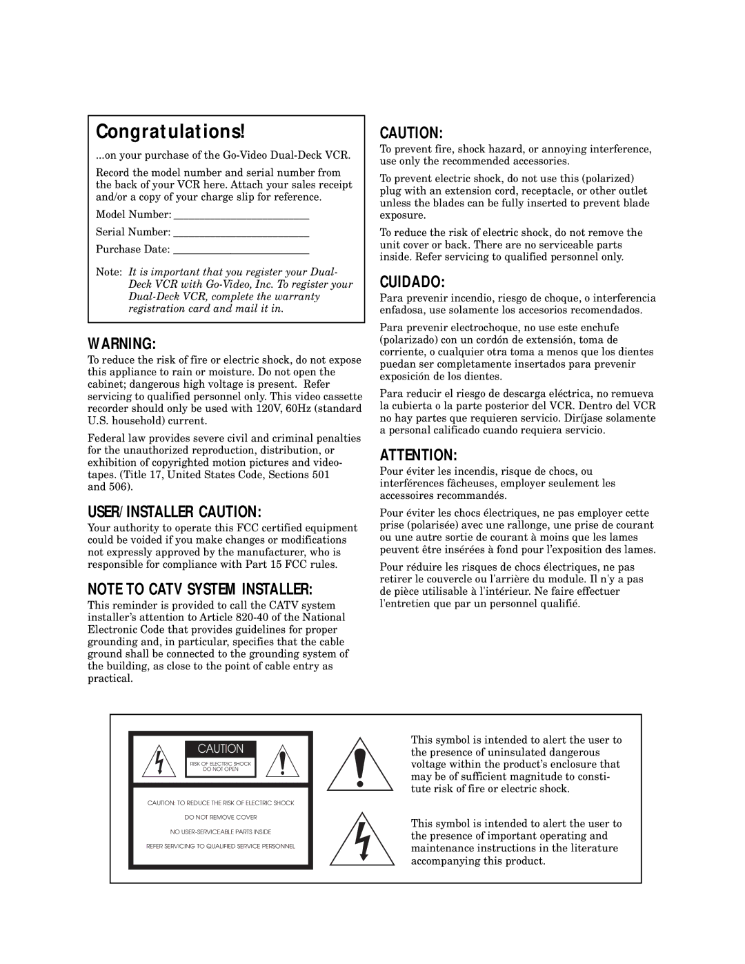 Go-Video 9100 manual Congratulations, USER/INSTALLER Caution 