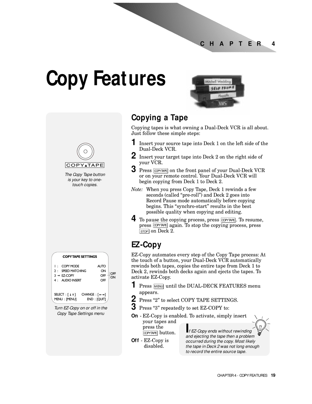 Go-Video 9100 manual Copy Features, Copying a Tape, EZ-Copy 