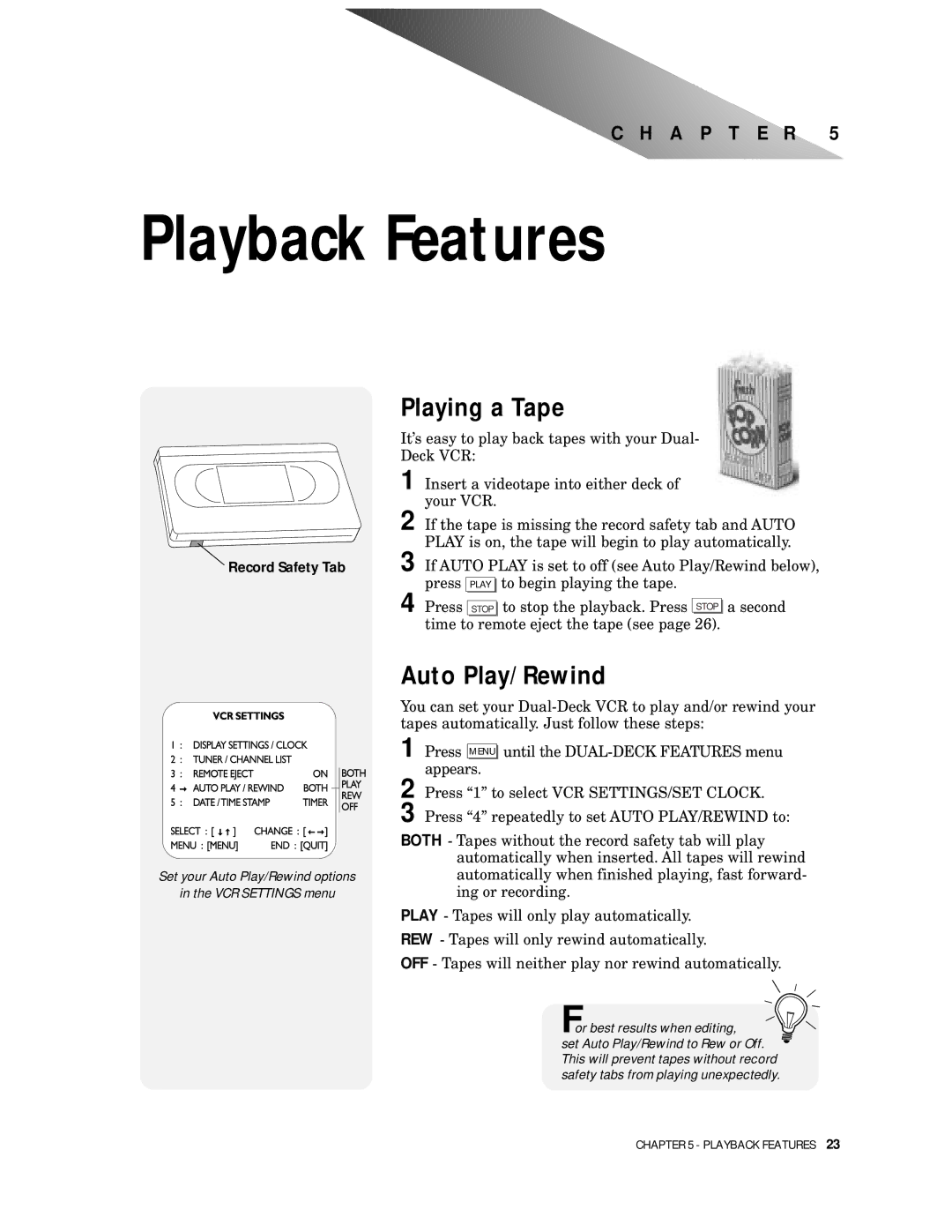 Go-Video 9100 manual Playback Features, Playing a Tape, Auto Play/Rewind 