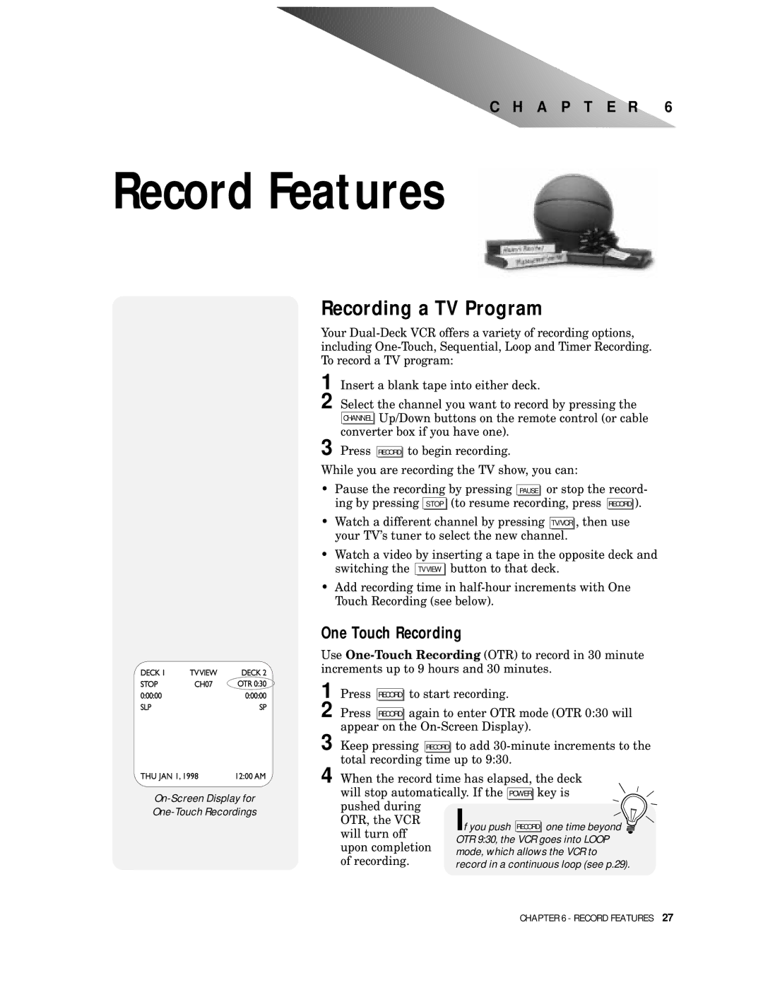 Go-Video 9100 manual Record Features, Recording a TV Program, One Touch Recording 