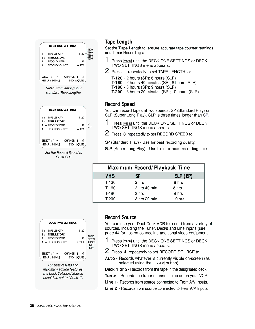 Go-Video 9100 manual Tape Length, Record Speed, Maximum Record/Playback Time, Record Source 