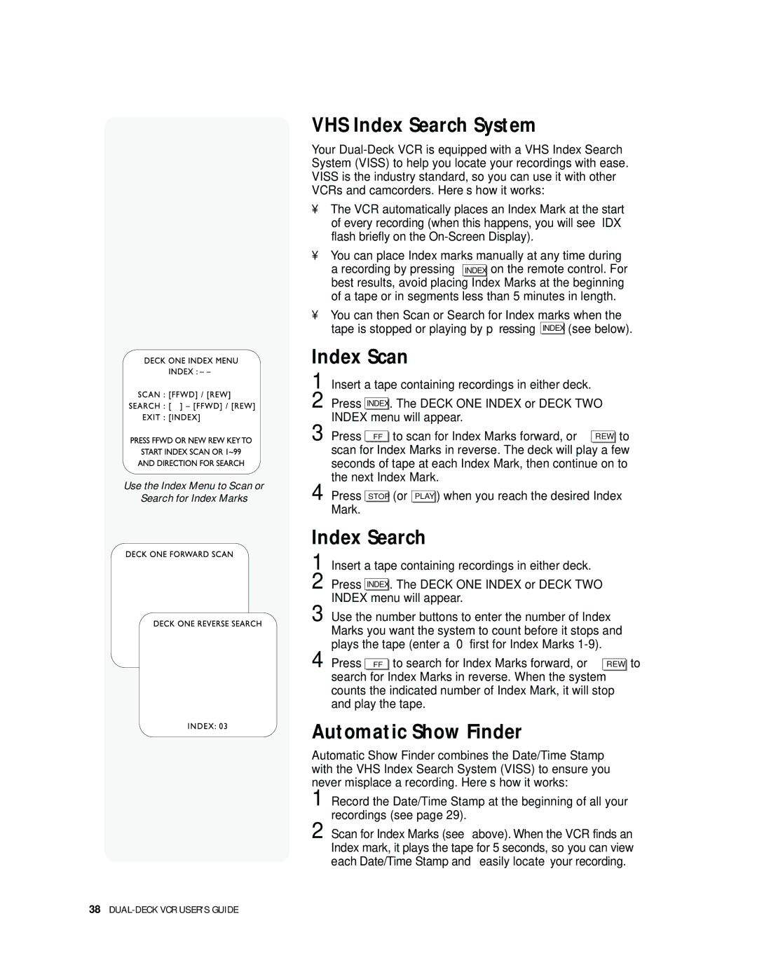 Go-Video 9100 manual VHS Index Search System, Index Scan, Automatic Show Finder 