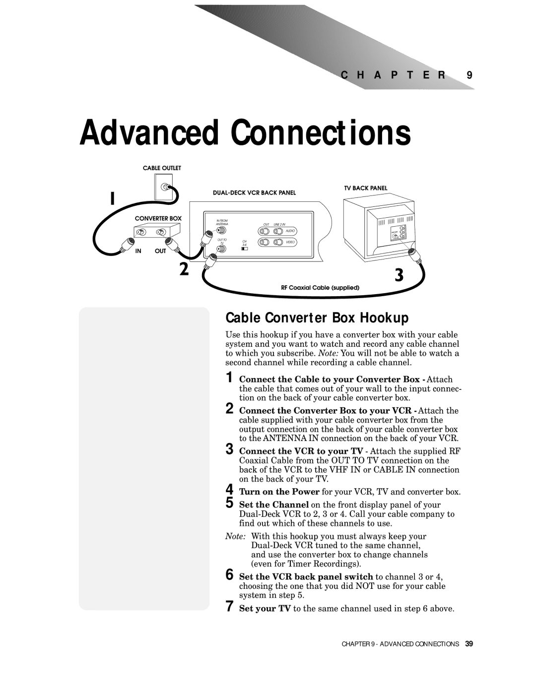 Go-Video 9100 manual Advanced Connections, Cable Converter Box Hookup 