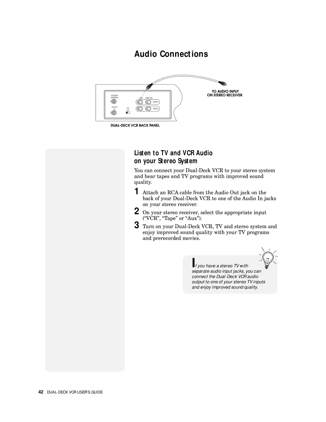 Go-Video 9100 manual Audio Connections, Listen to TV and VCR Audio on your Stereo System 