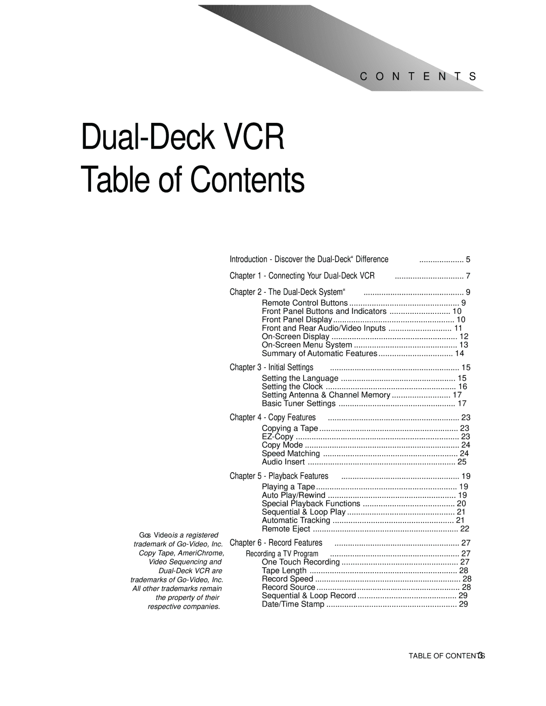 Go-Video 9100 manual Dual-Deck VCR Table of Contents 