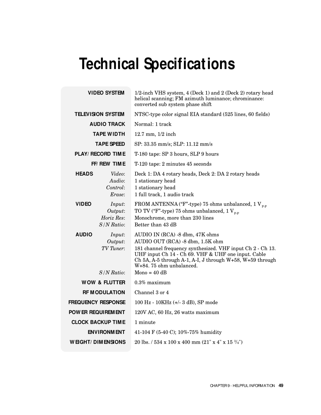 Go-Video 9100 manual Technical Specifications 