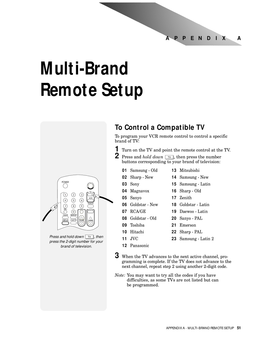 Go-Video 9100 manual Multi-Brand Remote Setup, To Control a Compatible TV 