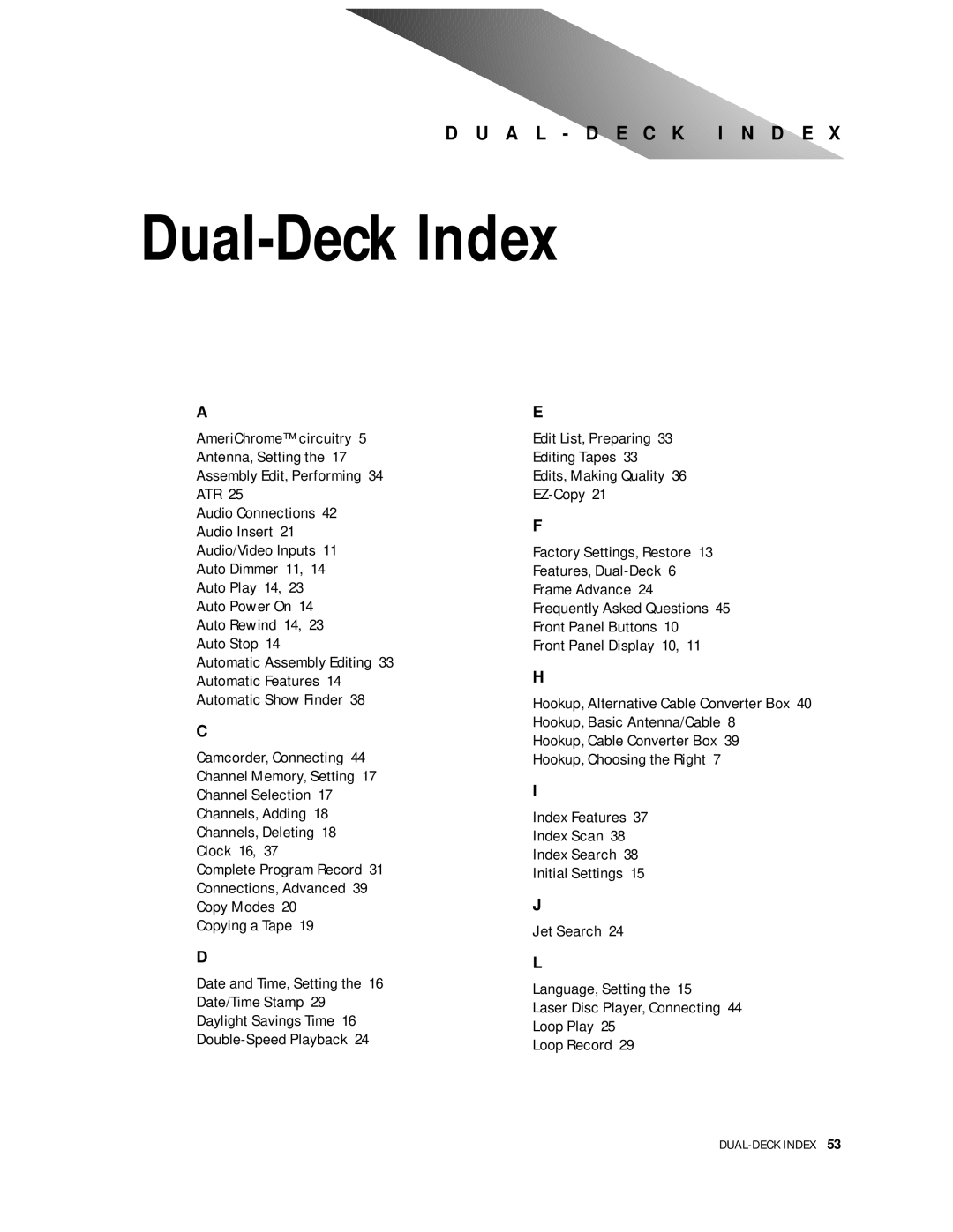 Go-Video 9100 manual Dual-Deck Index 