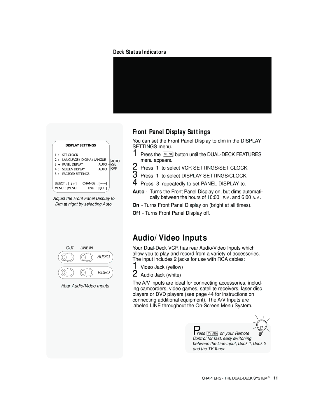 Go-Video DDV9000 manual Audio/Video Inputs, Front Panel Display Settings 