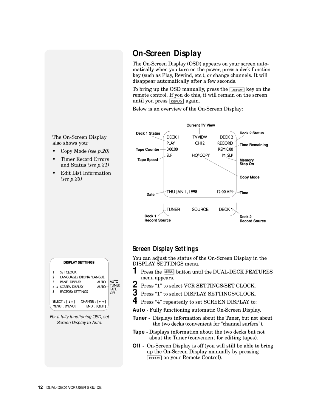 Go-Video DDV9000 manual On-Screen Display, Screen Display Settings 