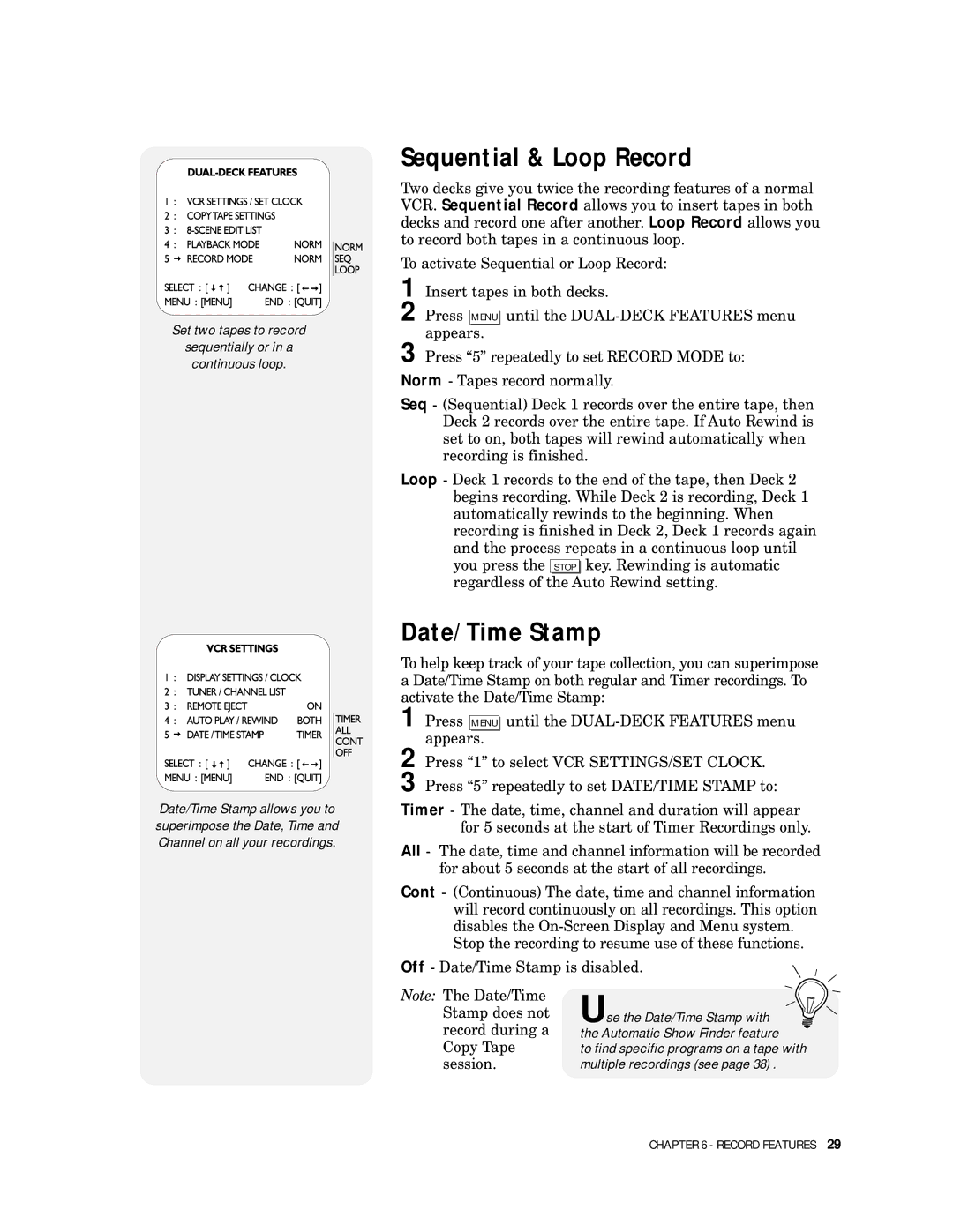 Go-Video DDV9000 manual Sequential & Loop Record, Date/Time Stamp 