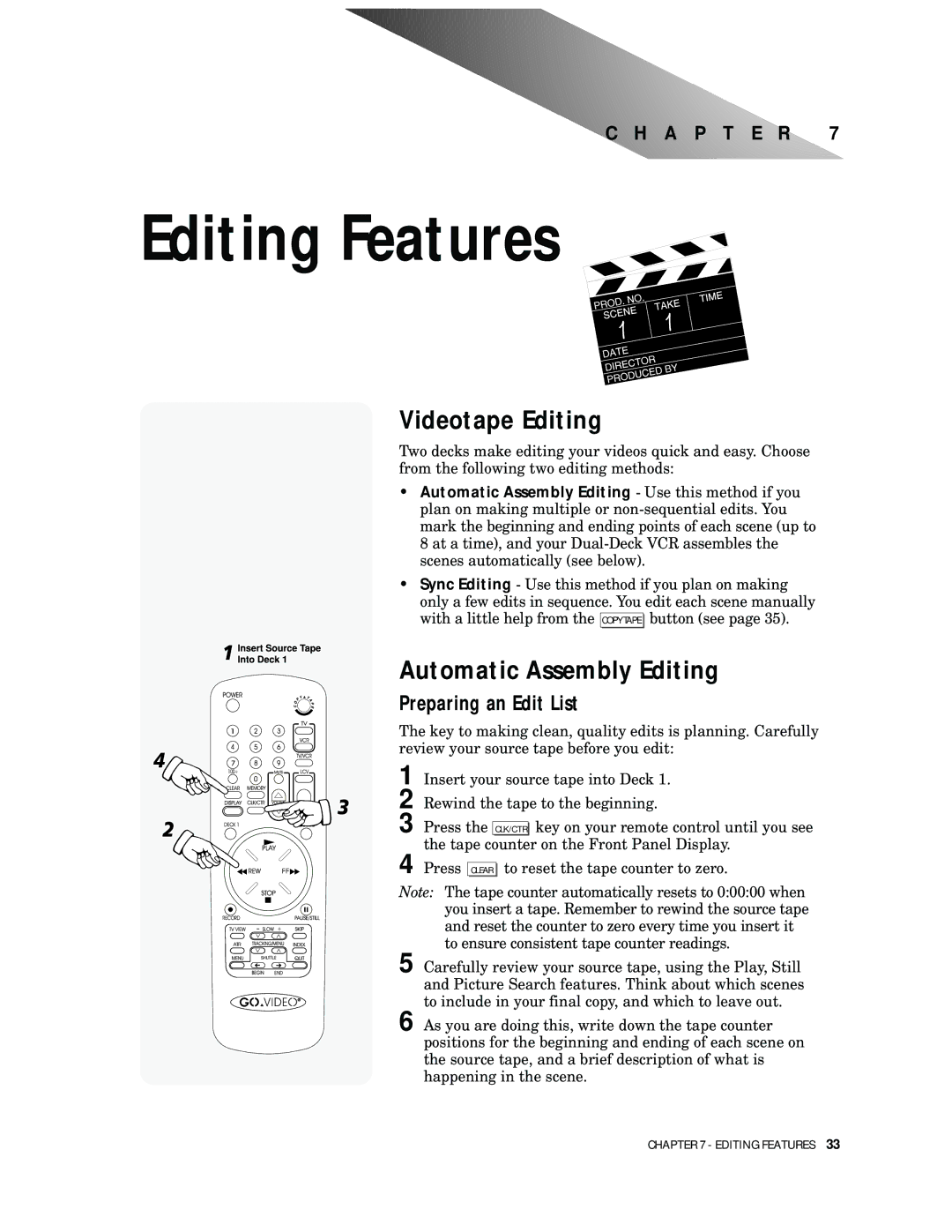 Go-Video DDV9000 manual Editing Features, Videotape Editing, Automatic Assembly Editing, Preparing an Edit List 