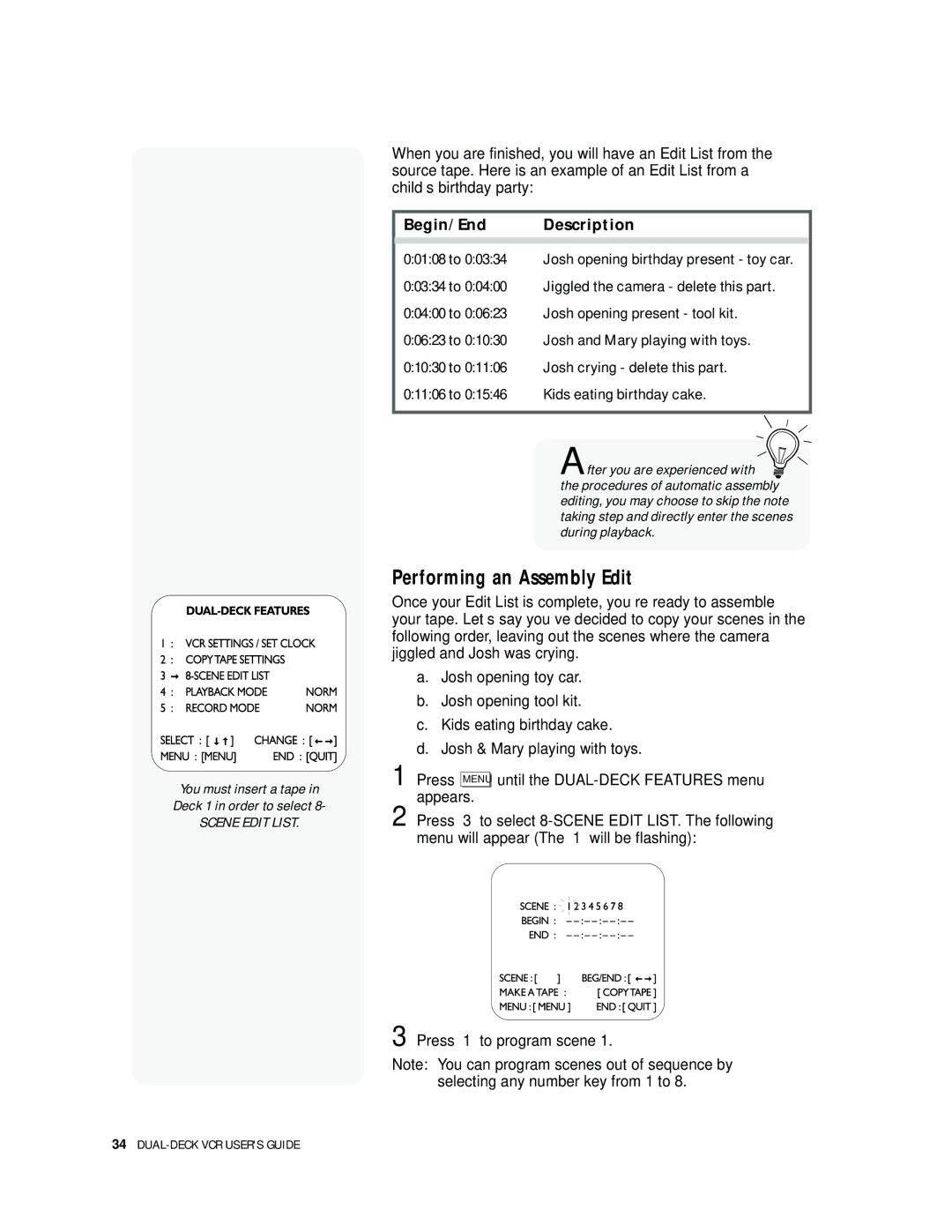 Go-Video DDV9000 manual Performing an Assembly Edit, Begin/End Description 