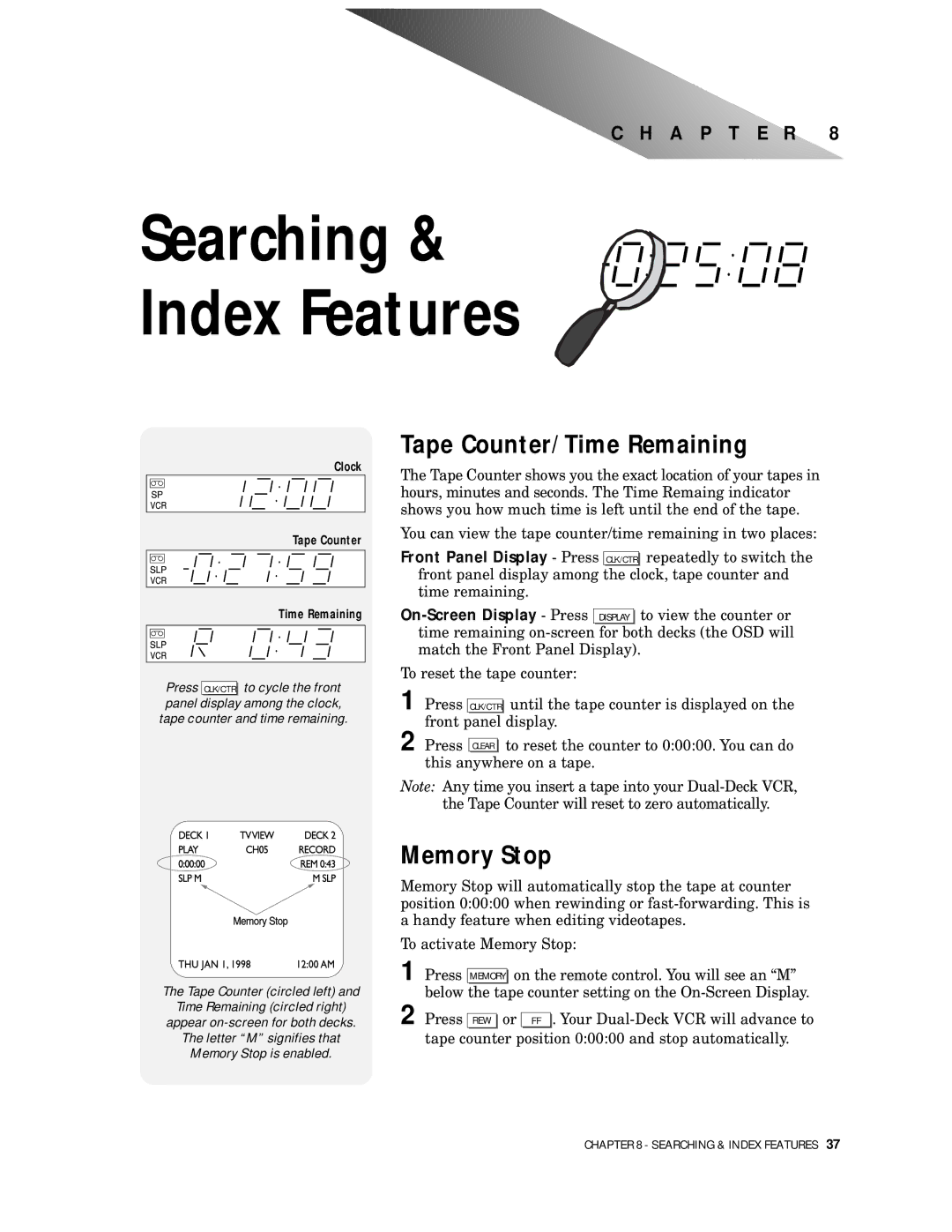 Go-Video DDV9000 manual Searching Index Features, Tape Counter/Time Remaining, Memory Stop 