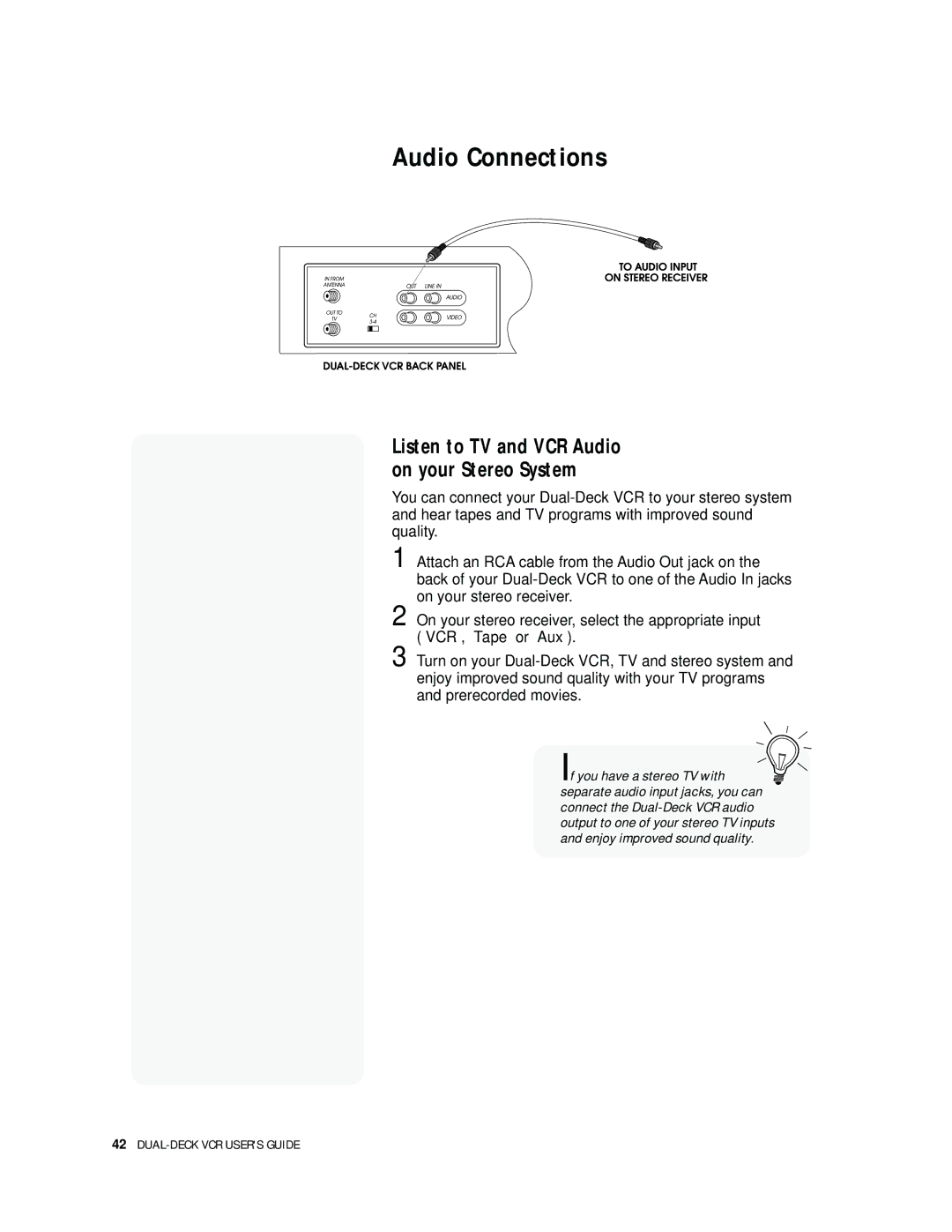 Go-Video DDV9000 manual Audio Connections, Listen to TV and VCR Audio on your Stereo System 