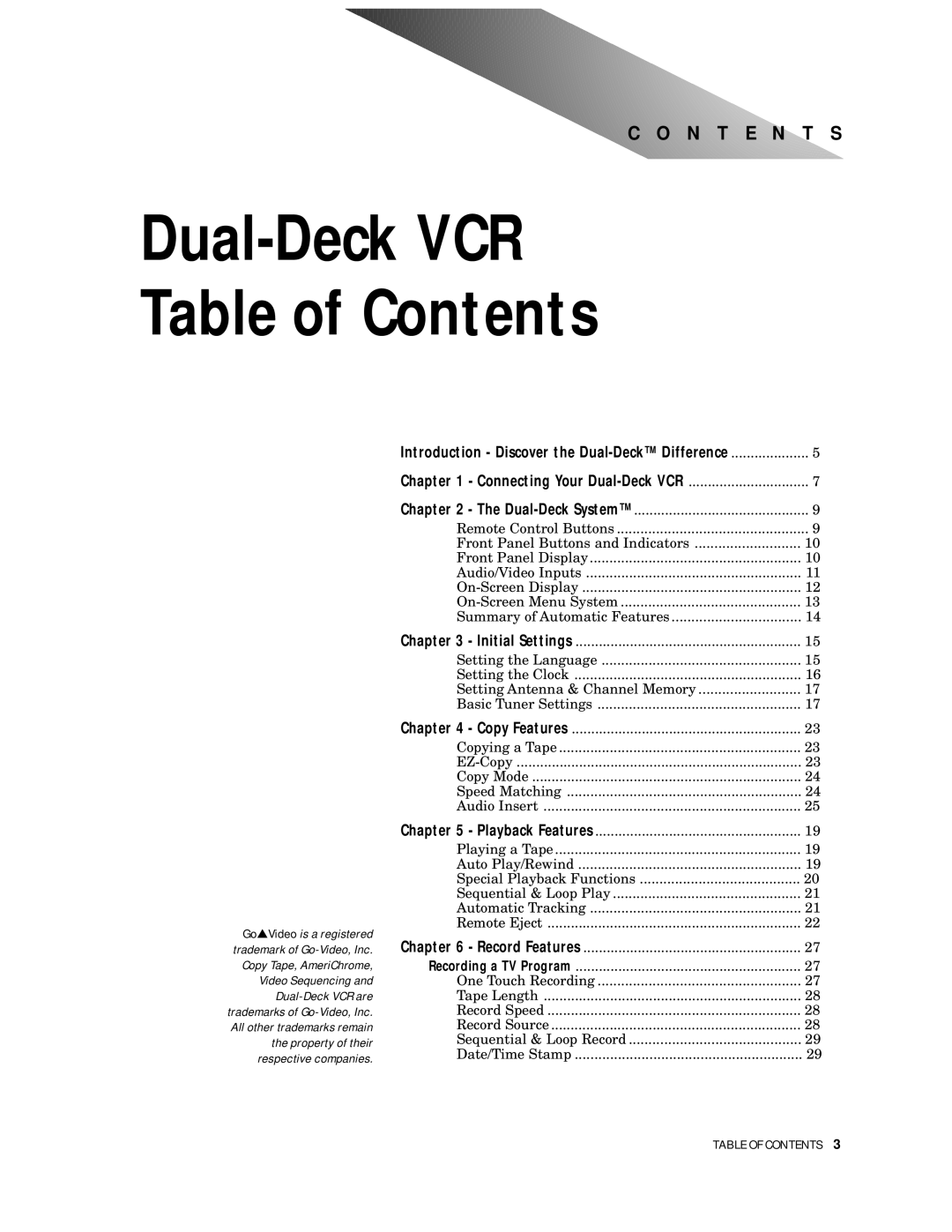 Go-Video DDV9000 manual Dual-Deck VCR Table of Contents 