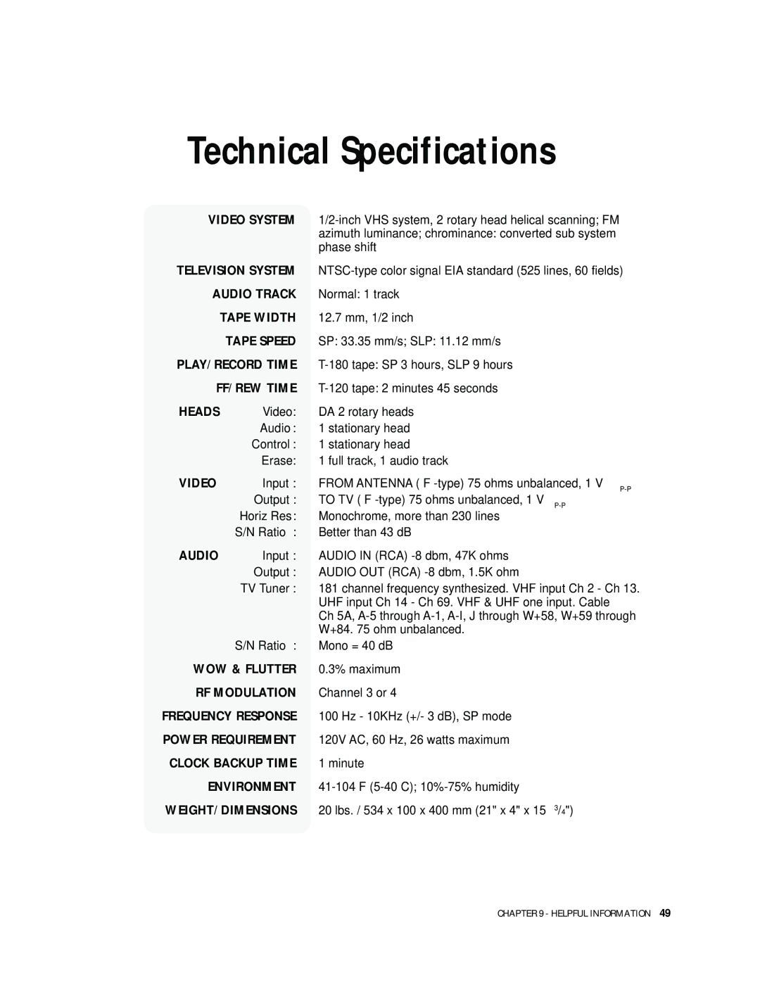 Go-Video DDV9000 manual Technical Specifications 