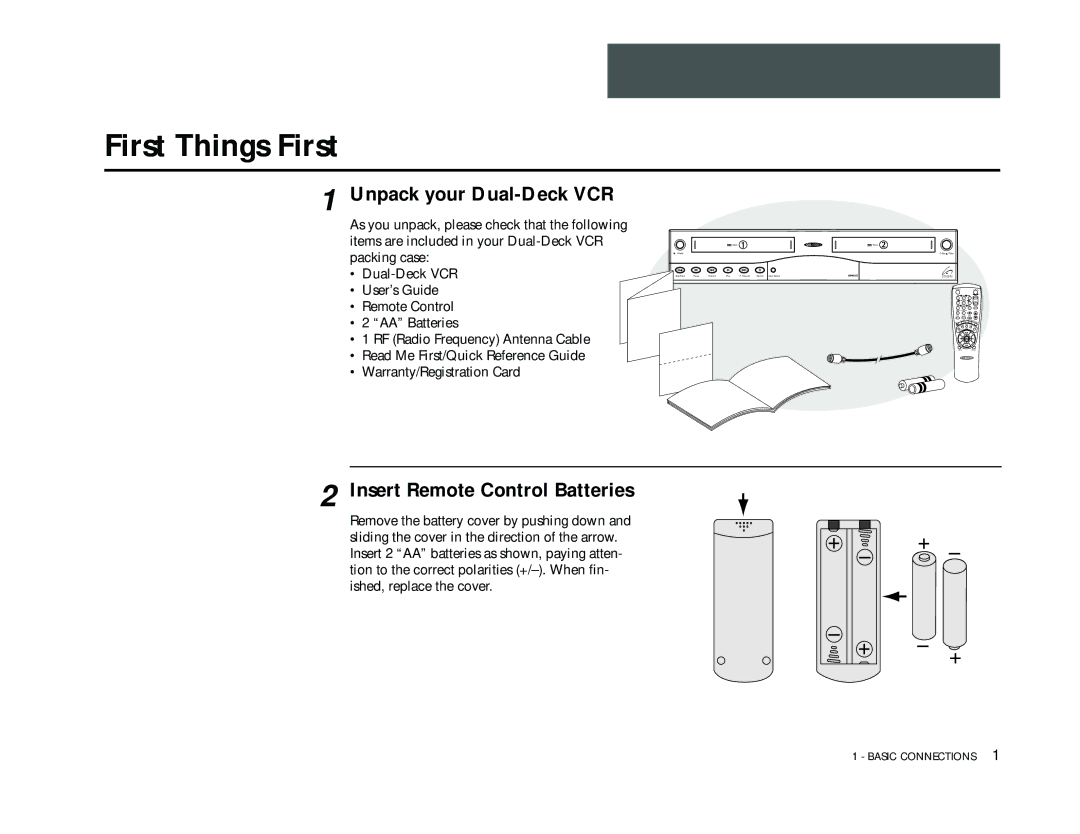 Go-Video DDV9355 manual Basic Connections, First Things First, Unpack your Dual-Deck VCR, Insert Remote Control Batteries 