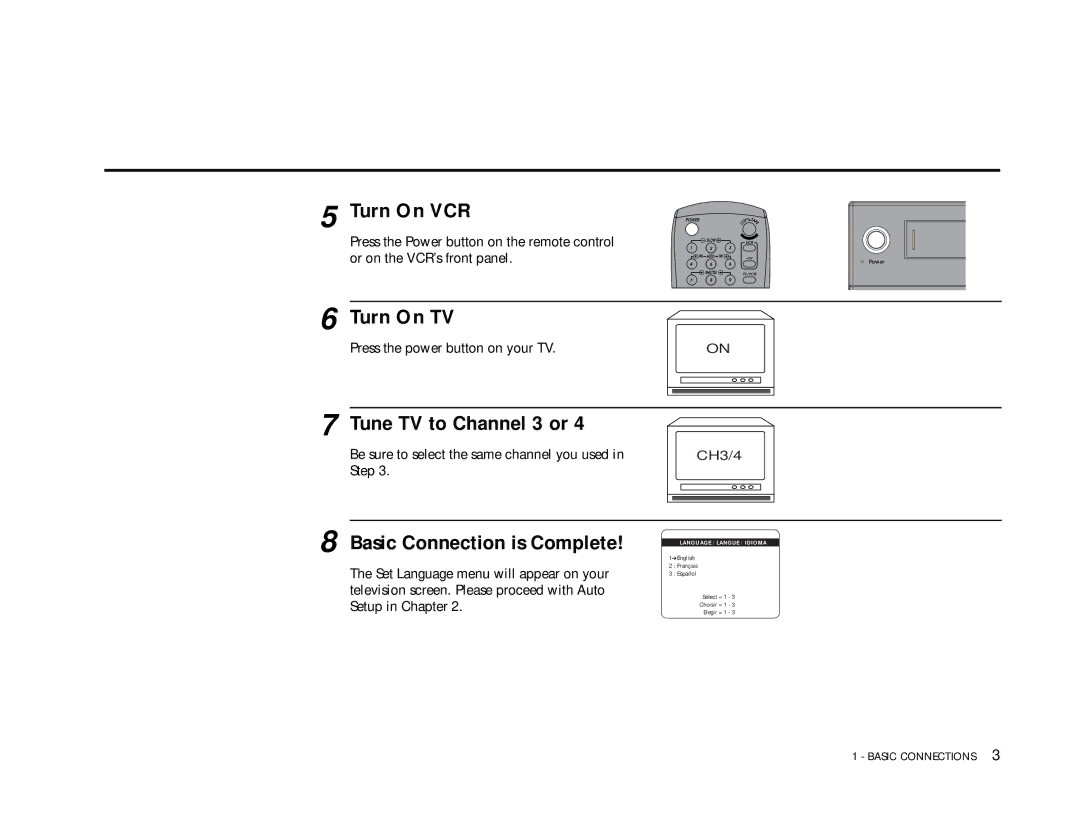 Go-Video DDV9355 manual Turn On VCR, Turn On TV, Tune TV to Channel 3 or, Basic Connection is Complete 