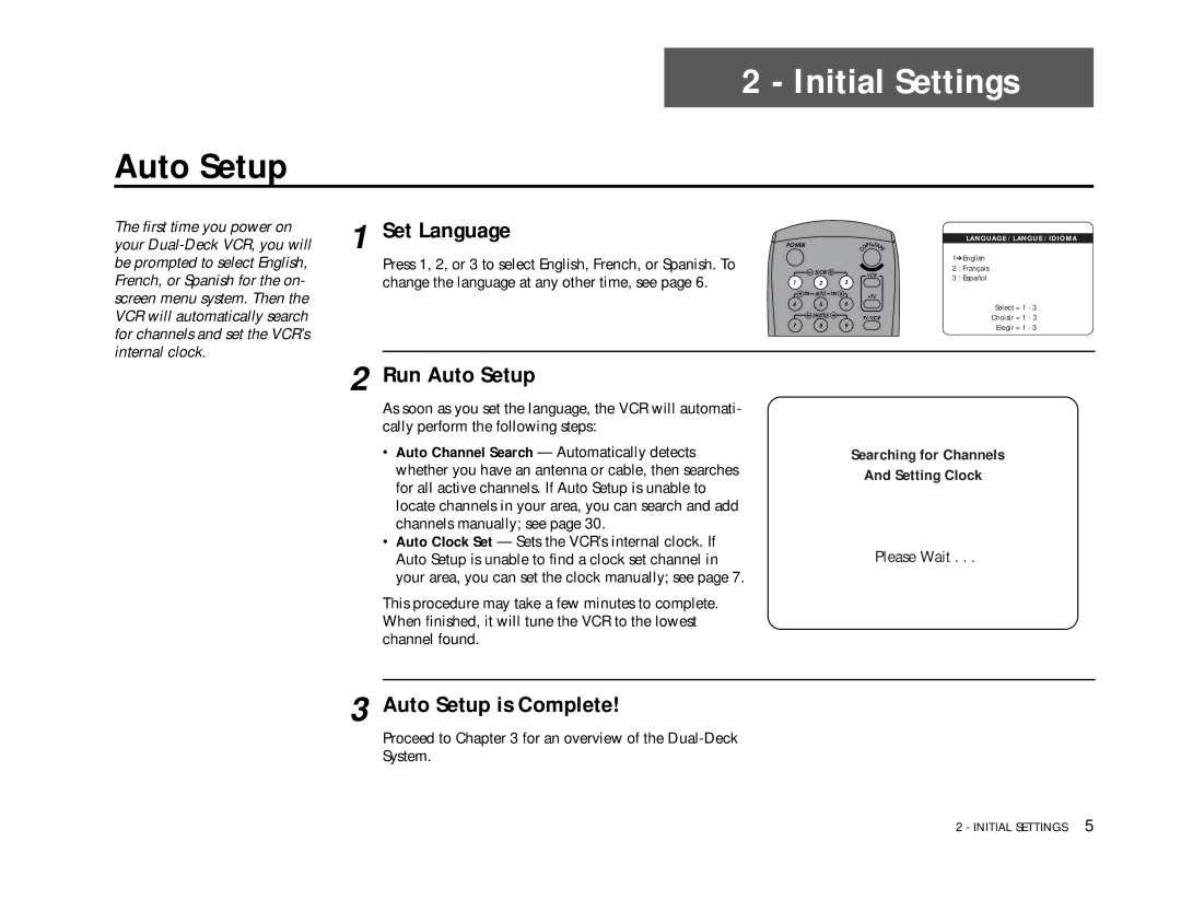 Go-Video DDV9355 manual Initial Settings, Set Language, Run Auto Setup, Auto Setup is Complete 