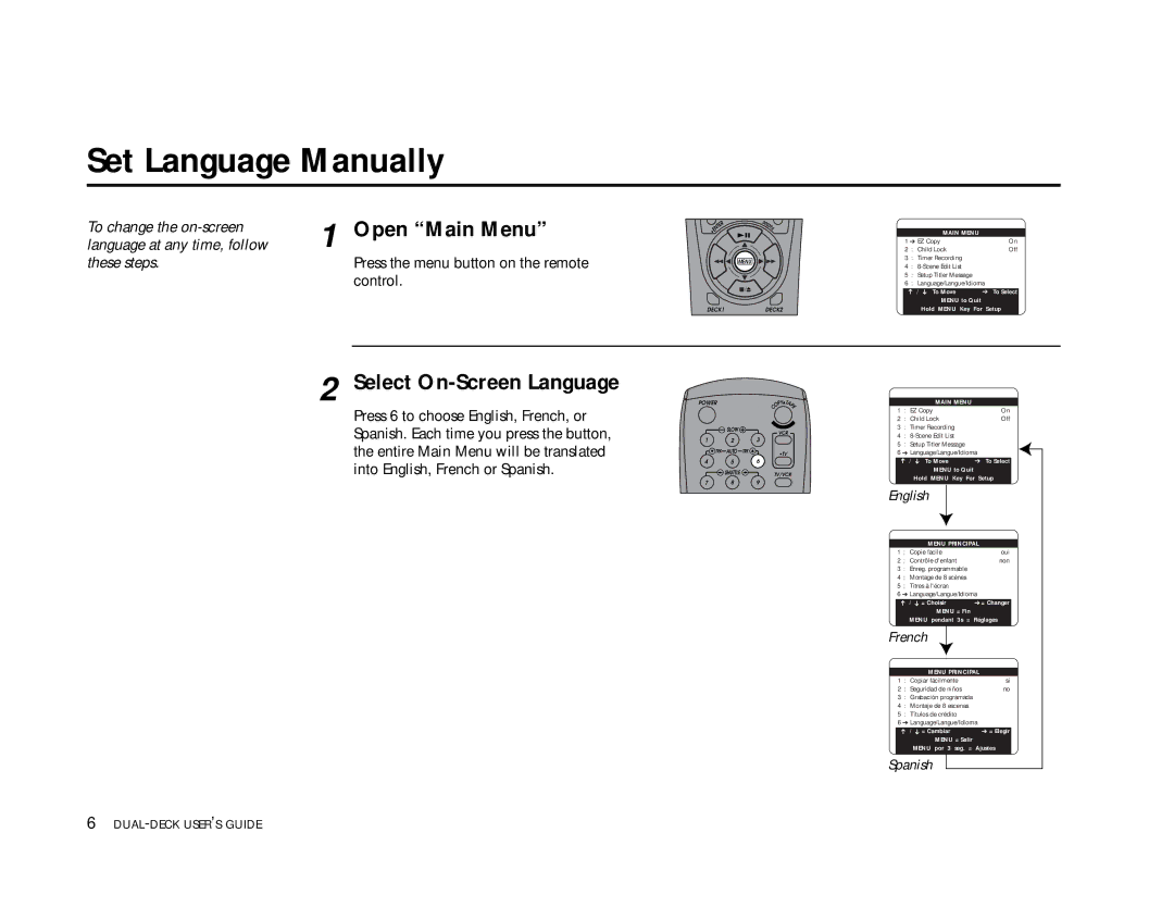 Go-Video DDV9355 manual Set Language Manually, Open Main Menu, Select On-Screen Language 