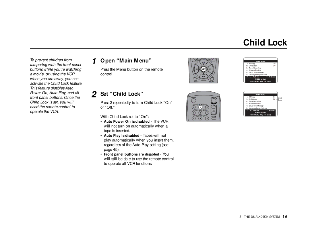 Go-Video DDV9355 manual Open Main Menu, Set Child Lock 